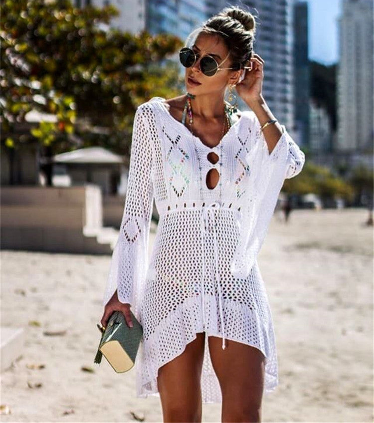 Women's airy crochet beach cover-up with V-neck and tie belt, size