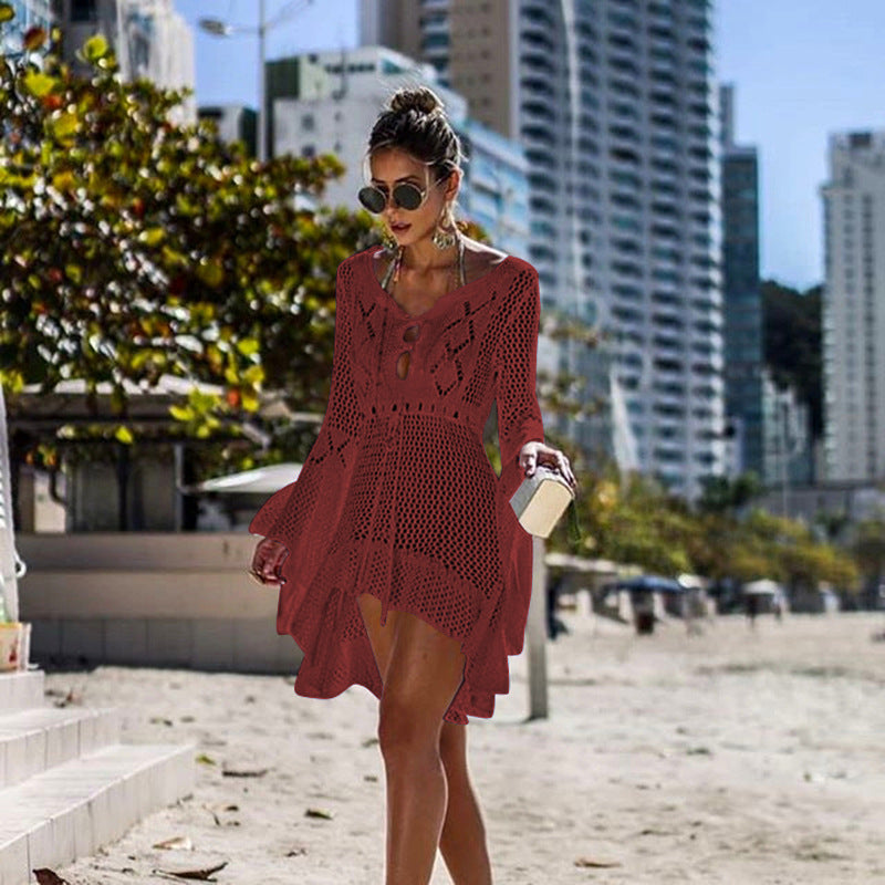 Women's airy crochet beach cover-up with V-neck and tie belt, size