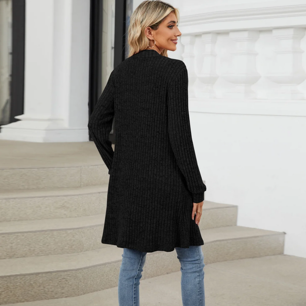 Valenzora | Langer gerippter Cardigan für Damen mit offener Vorderseite und Taschen