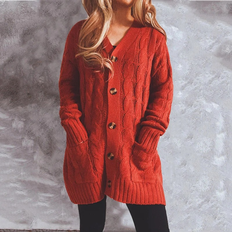 Valenzora | Damen-Wollstrickjacke mit Zopfmuster und Holzknöpfen, lockere Passform