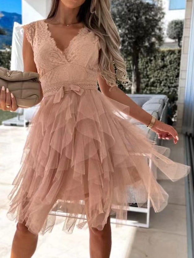 Valenzora | Women's V-neck Lace Mesh Irregular Dress