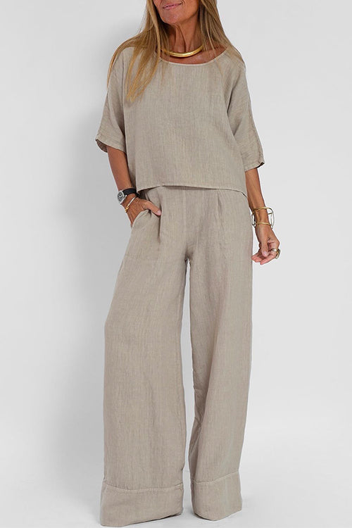 Valenzora | Rosiedress Round Neck 3/4 Sleeve Pullover Wide Leg Trousers Cotton Linen Set