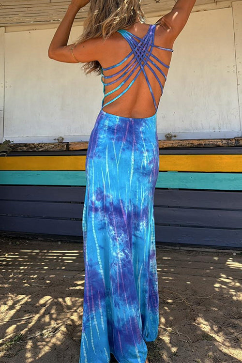 Valenzora | Scoop Neck Backless Criss Cross Tie Dye Maxi Dress