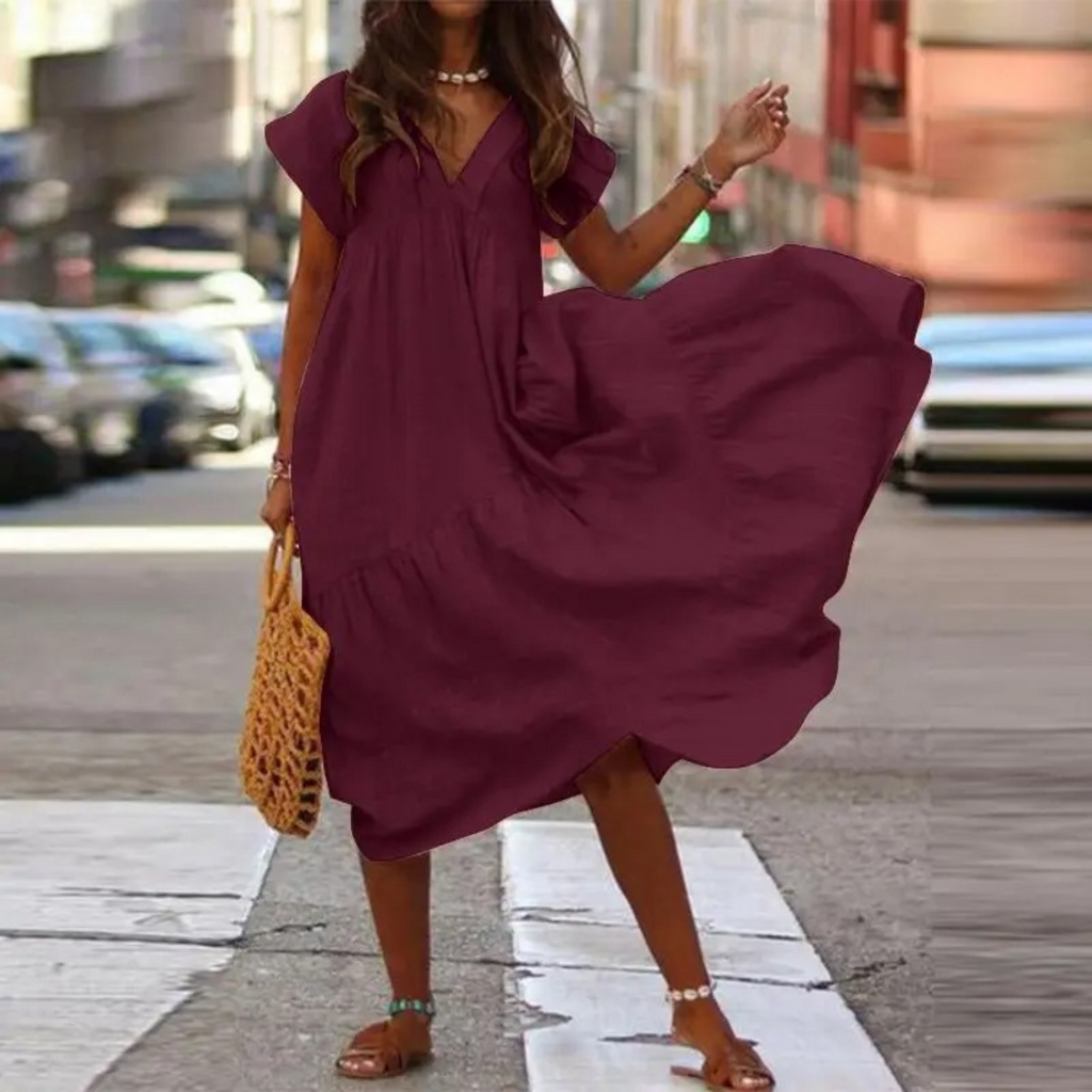 Valenzora – Maxi-style shirt dress with V-neck and ruffles