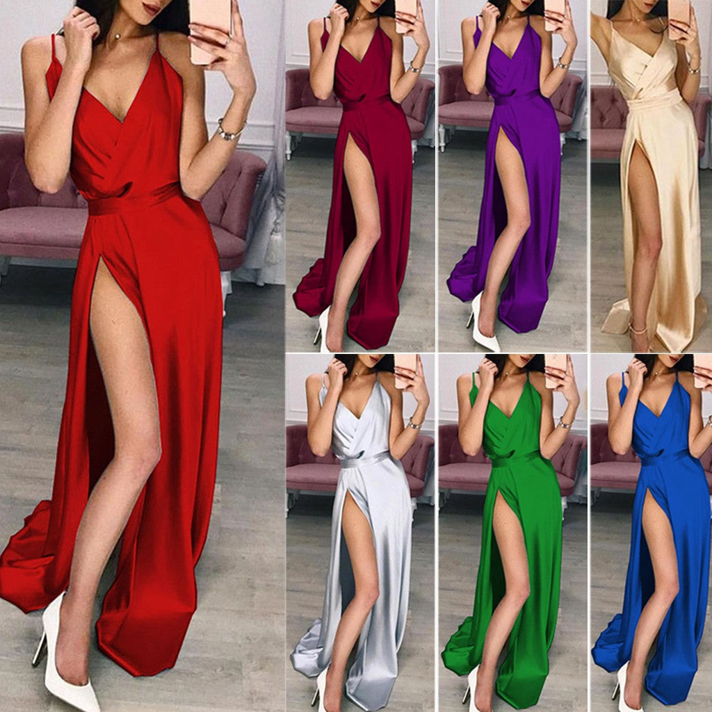Elegantes Satin-Abendkleid für Damen mit hohem Schlitz Größe