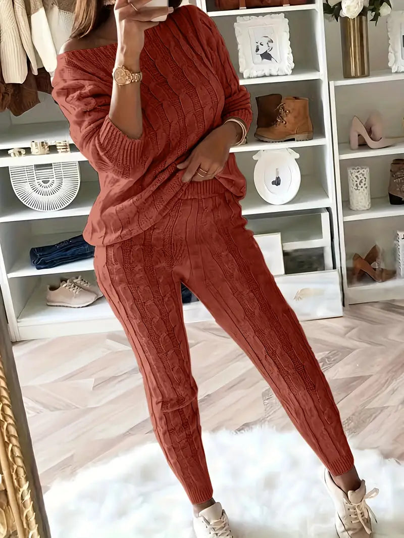 Valenzora Knitted Matching Sweatshirt & Trousers Outfit Two-Piece Set