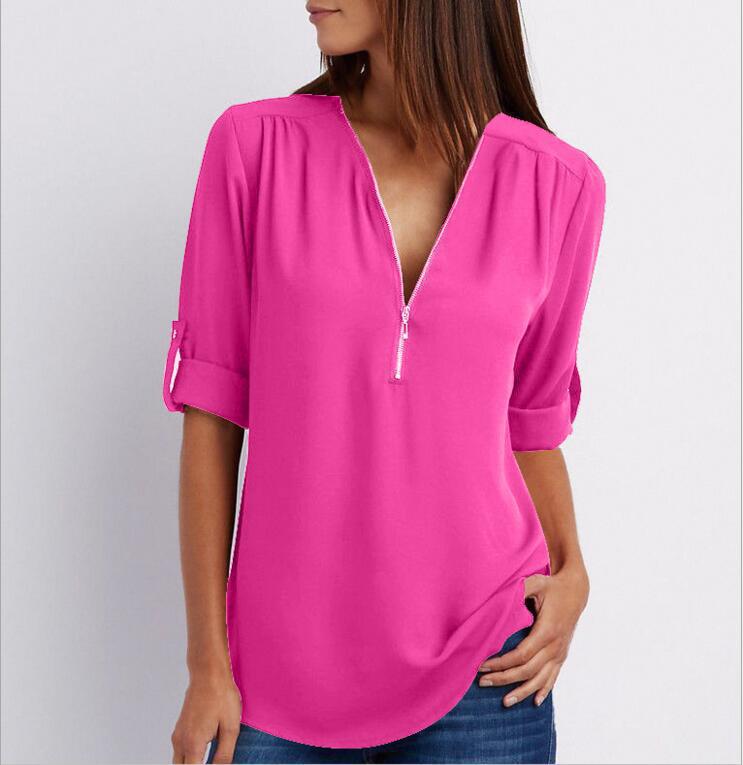 Valenzora Short-sleeved shirt with zipper and V-neck - Loose tops
