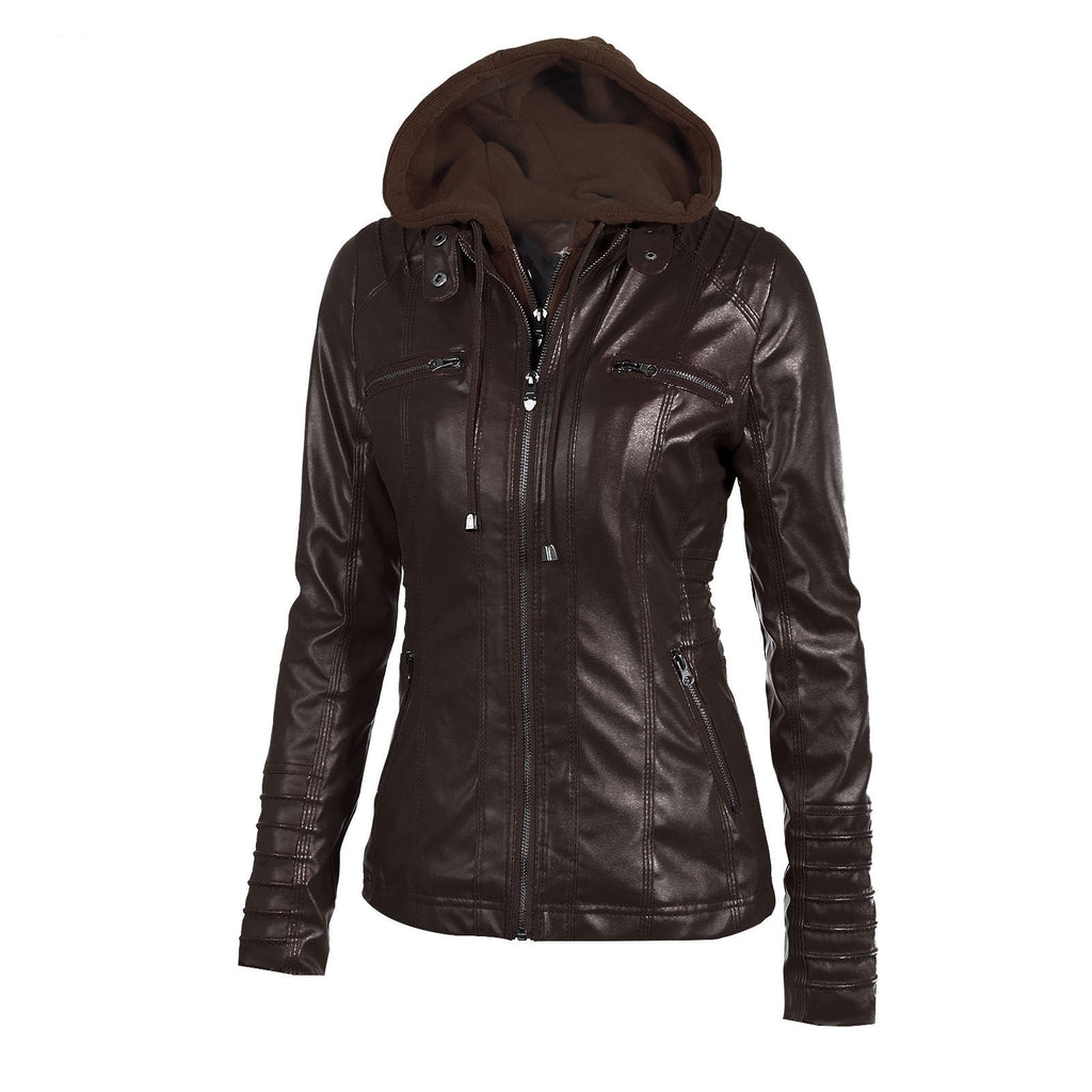 Valenzora | Casual stand-up collar detachable hood PU leather jacket