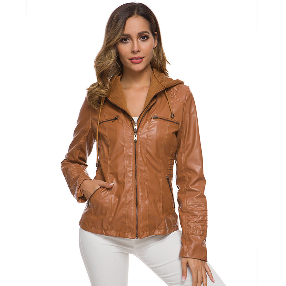 Valenzora | Casual stand-up collar detachable hood PU leather jacket
