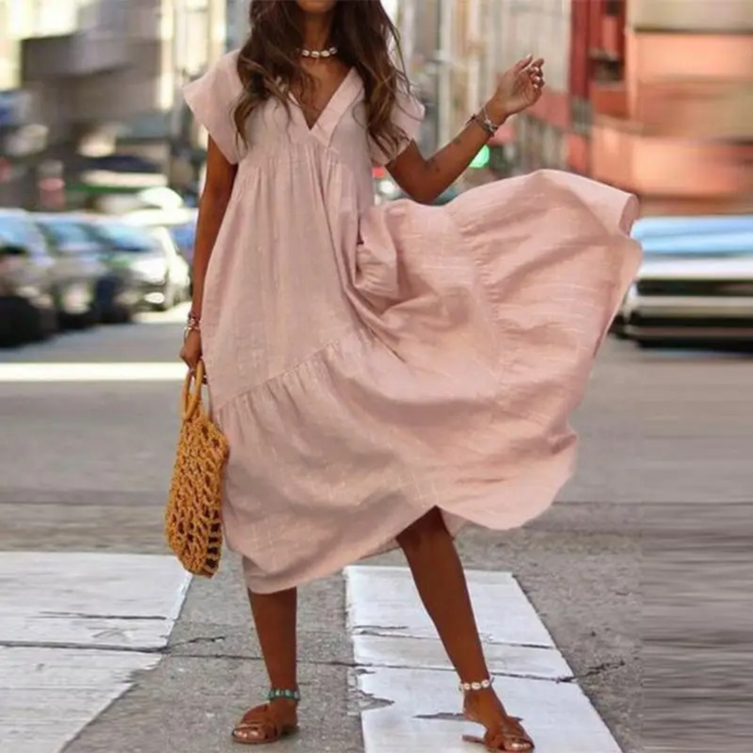Valenzora – Maxi-style shirt dress with V-neck and ruffles
