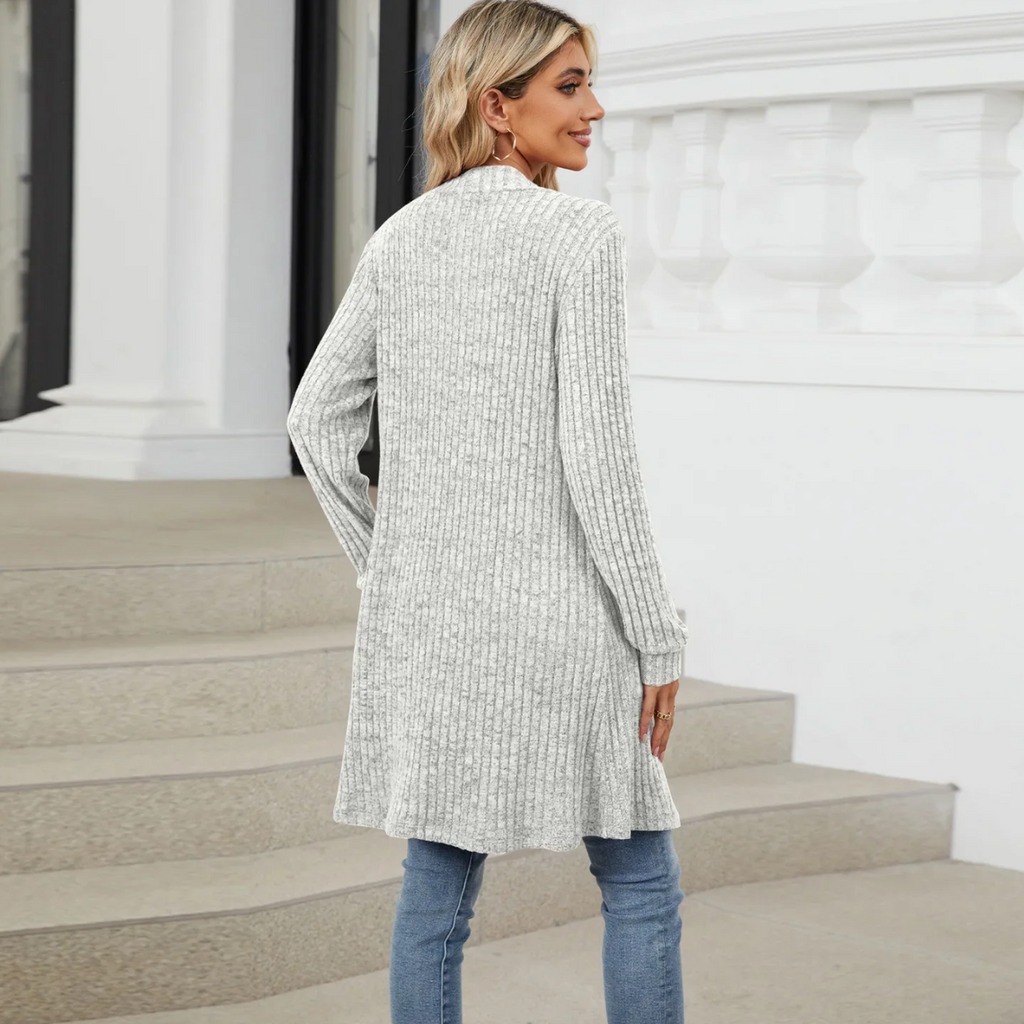 Valenzora | Langer gerippter Cardigan für Damen mit offener Vorderseite und Taschen