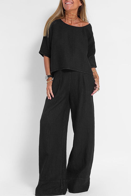 Valenzora | Rosiedress Round Neck 3/4 Sleeve Pullover Wide Leg Trousers Cotton Linen Set