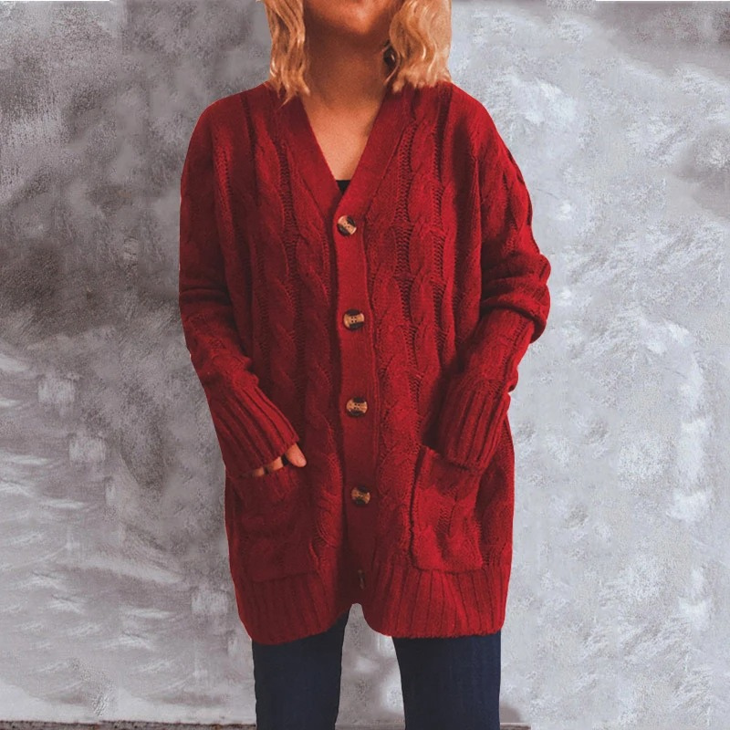 Valenzora | Damen-Wollstrickjacke mit Zopfmuster und Holzknöpfen, lockere Passform