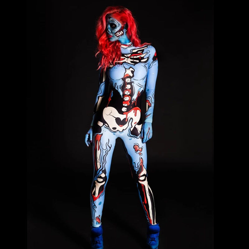 Women's full-body costume with creative skeleton design and vibrant colors, size S