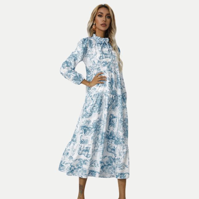 Valenzora | Toile print midi dress with high collar