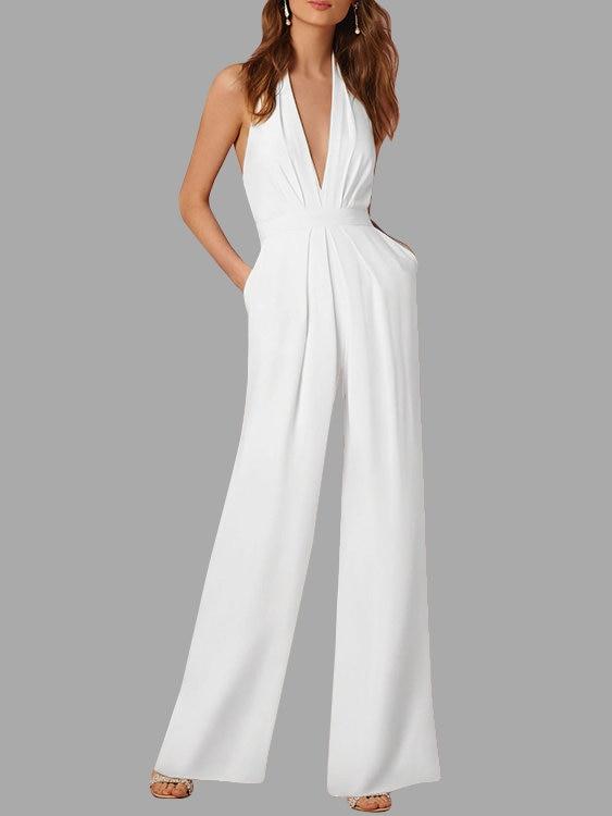 Valenzora | Deep V-neck Sleeveless Wide Leg Jumpsuit