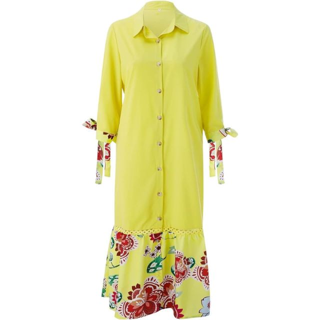 Valenzora | Maxi dress with button placket and floral pattern at the hem