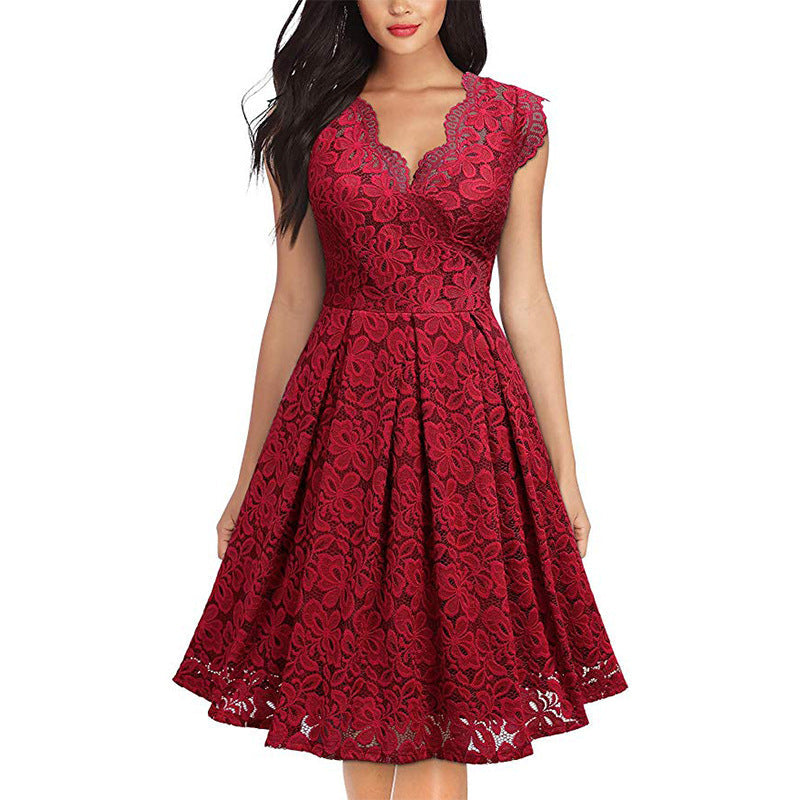 Damen-Spitzenkleid mit V-Ausschnitt und ausgestelltem Rock, Größe
