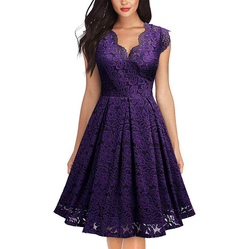 Damen-Spitzenkleid mit V-Ausschnitt und ausgestelltem Rock, Größe