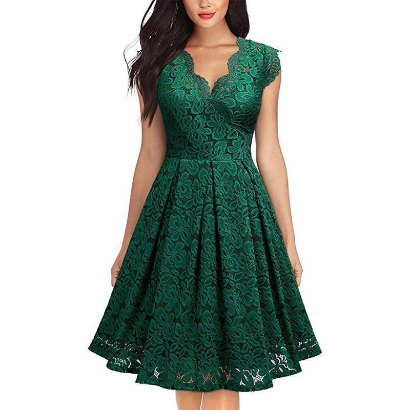 Damen-Spitzenkleid mit V-Ausschnitt und ausgestelltem Rock, Größe