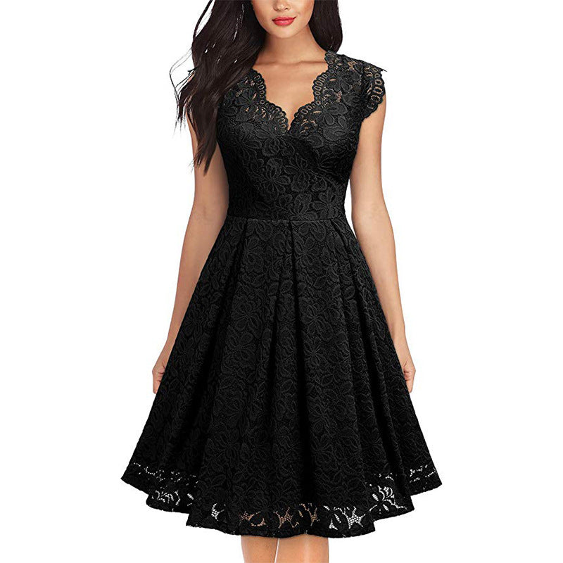 Damen-Spitzenkleid mit V-Ausschnitt und ausgestelltem Rock, Größe