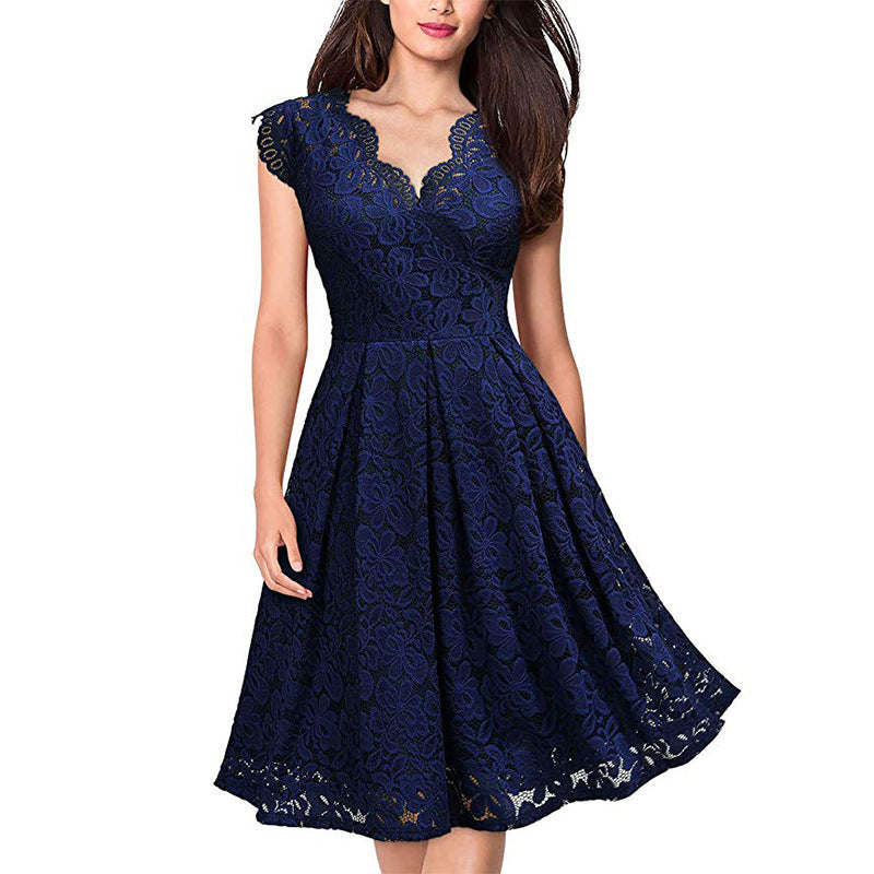 Damen-Spitzenkleid mit V-Ausschnitt und ausgestelltem Rock, Größe