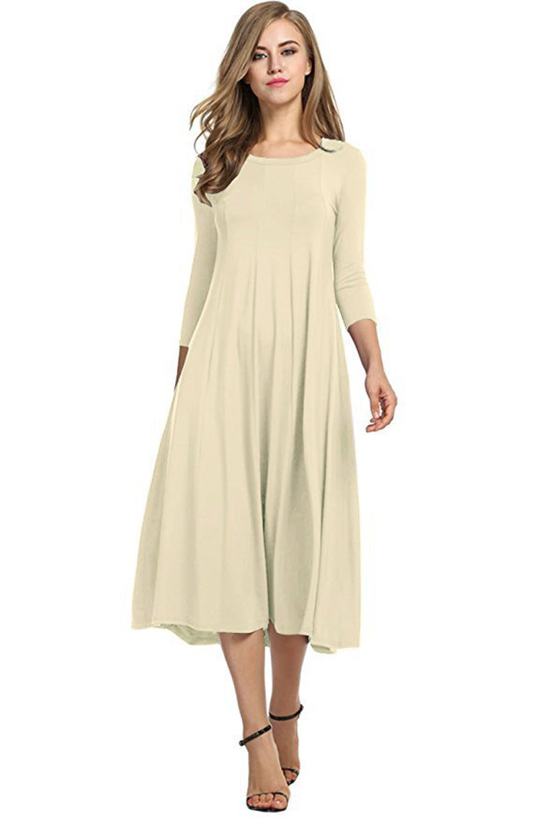 Valenzora | Square-neck 3/4-length solid-color midi dress