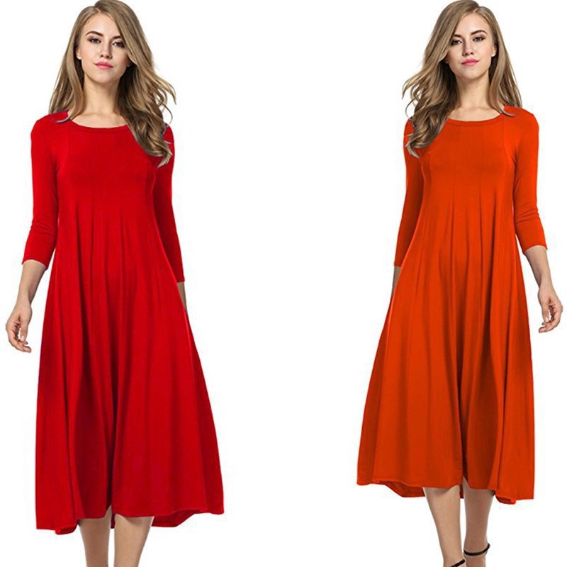 Valenzora | Square-neck 3/4-length solid-color midi dress