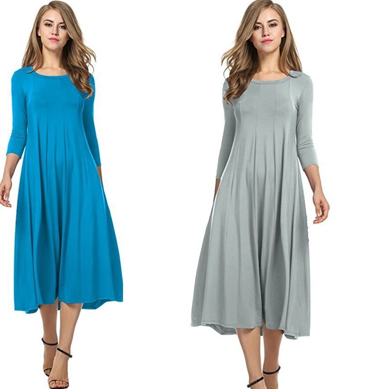 Valenzora | Square-neck 3/4-length solid-color midi dress
