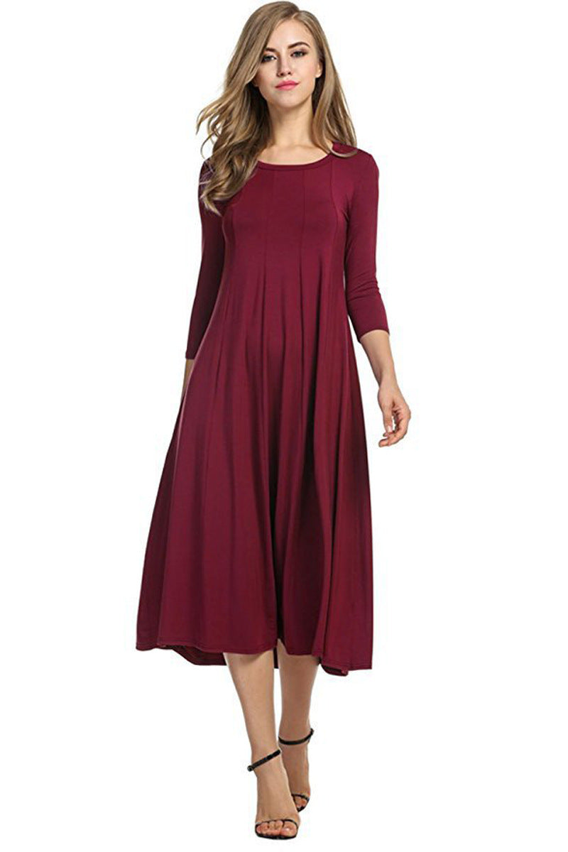 Valenzora | Square-neck 3/4-length solid-color midi dress