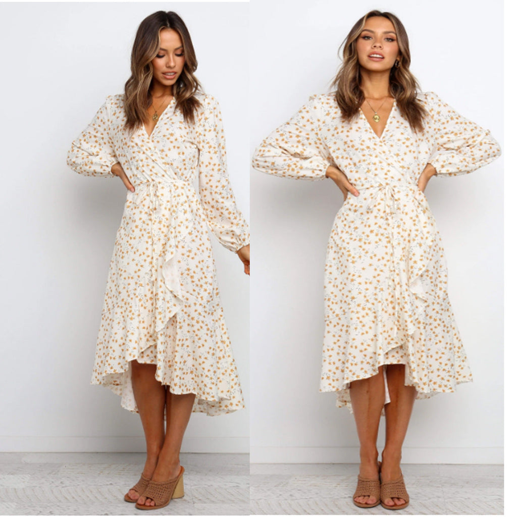 Women's wrap dress with voluminous sleeves and ruffled hem, size [size missing]
