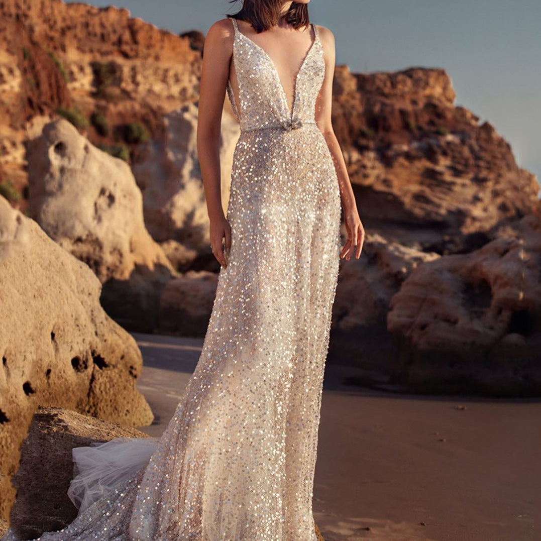 Valenzora | V-Neck Sleeveless Waist Collection Silver Sequin Slip Dress