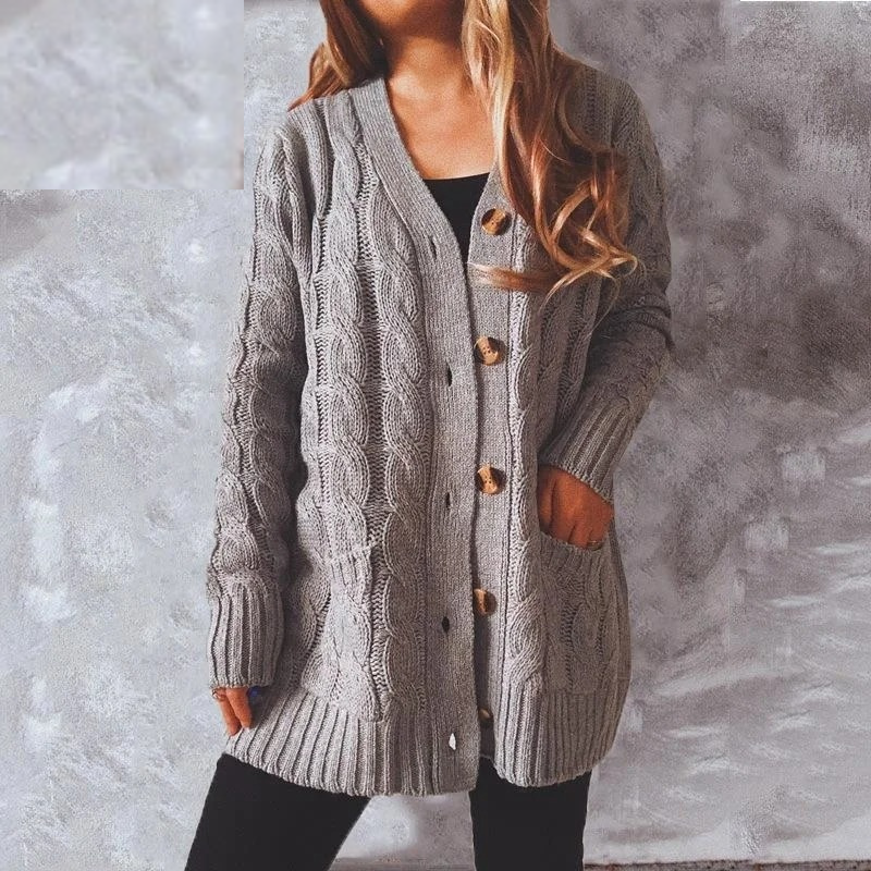 Valenzora | Damen-Wollstrickjacke mit Zopfmuster und Holzknöpfen, lockere Passform