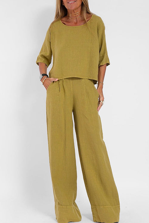 Valenzora | Rosiedress Round Neck 3/4 Sleeve Pullover Wide Leg Trousers Cotton Linen Set