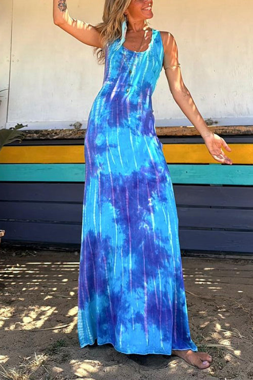Valenzora | Scoop Neck Backless Criss Cross Tie Dye Maxi Dress
