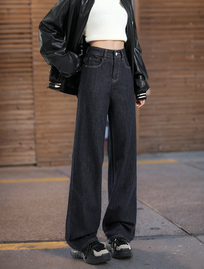 Valenzora | Loose-fitting dark high-waisted floor-length denim trousers