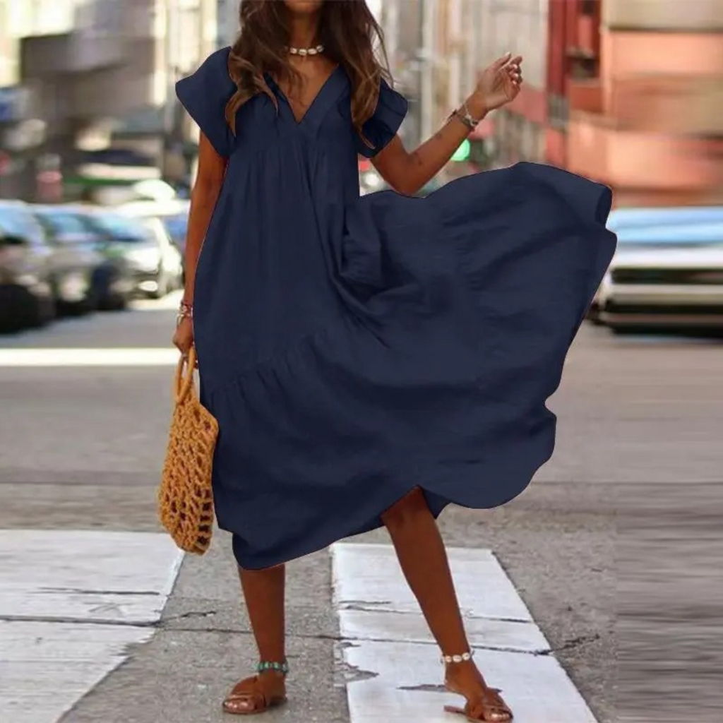Valenzora – Maxi-style shirt dress with V-neck and ruffles