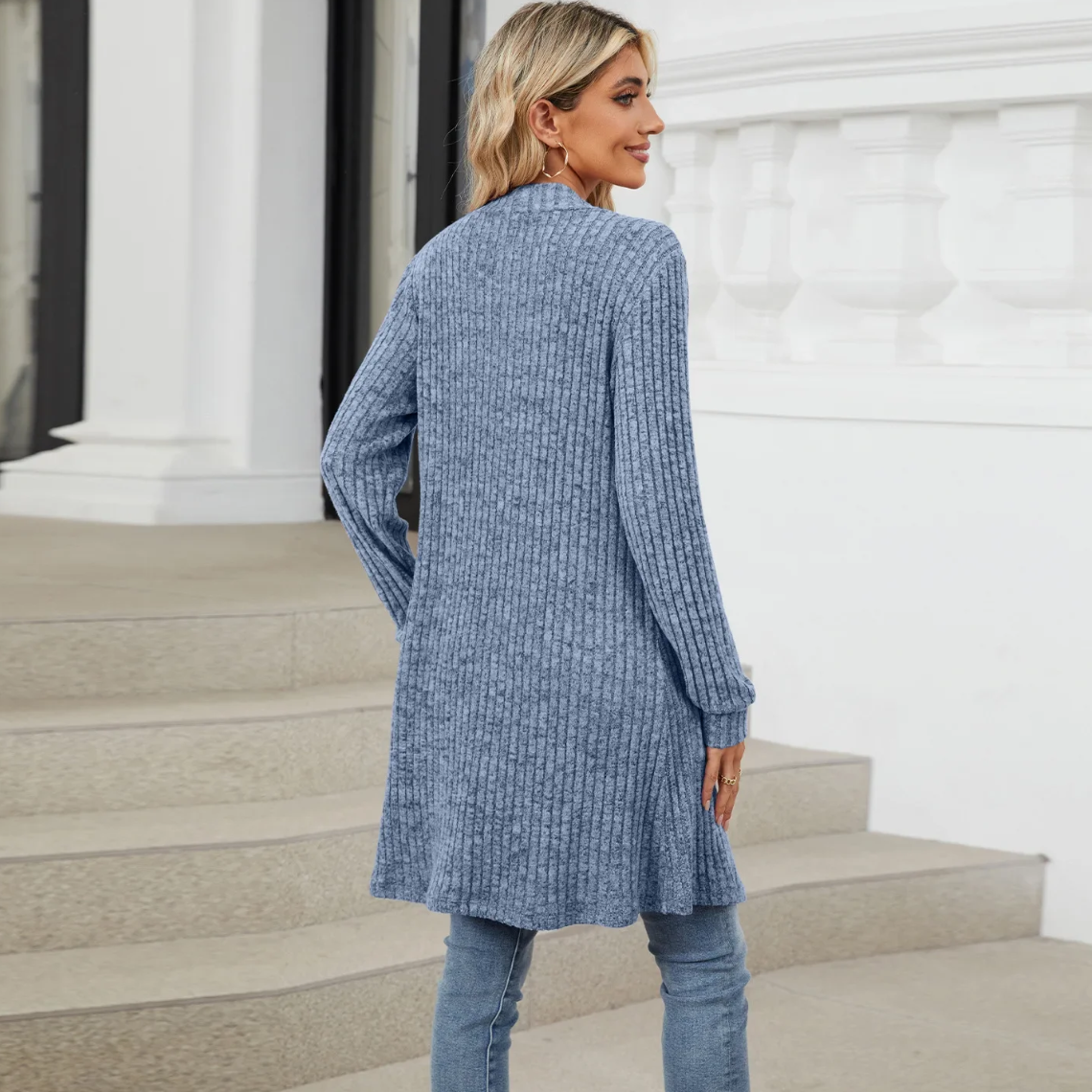 Valenzora | Langer gerippter Cardigan für Damen mit offener Vorderseite und Taschen