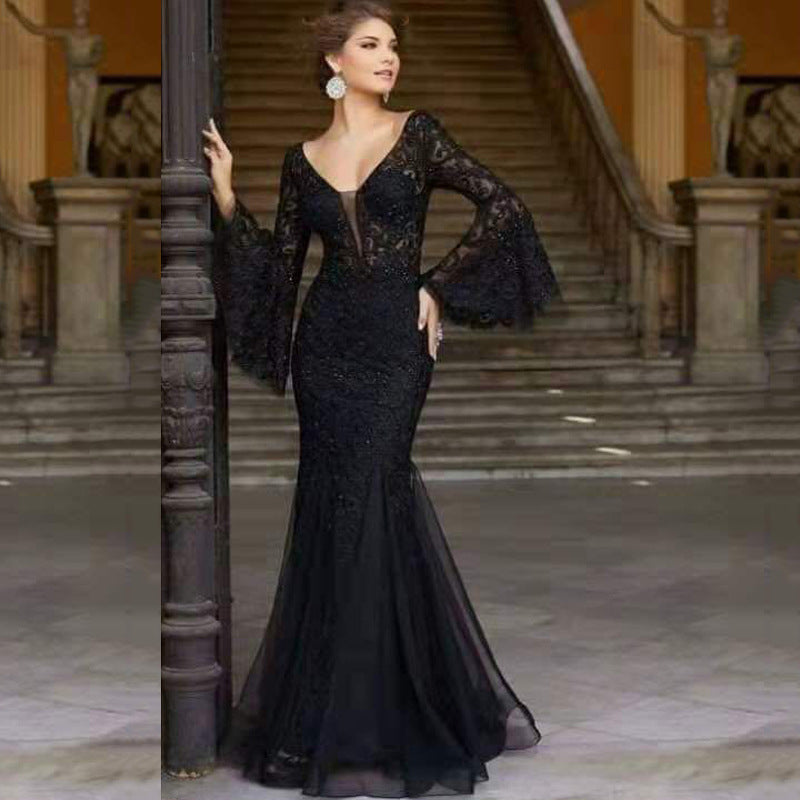 Valenzora | Schwarz-schmales Meerjungfrauen-Abendkleid mit Spitzenstickerei