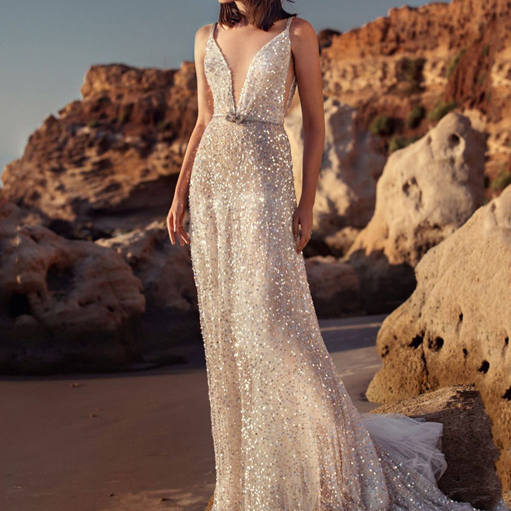 Valenzora | V-Neck Sleeveless Waist Collection Silver Sequin Slip Dress