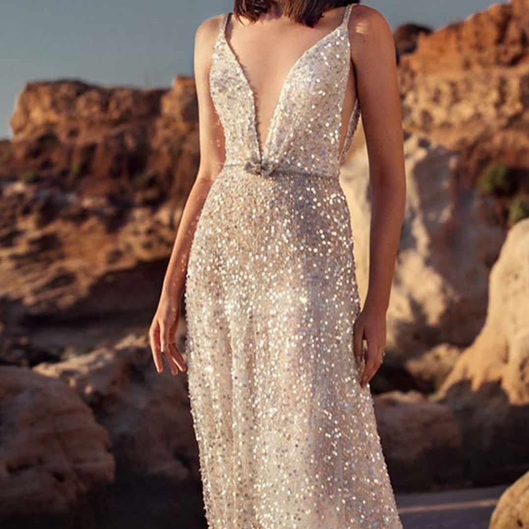Valenzora | V-Neck Sleeveless Waist Collection Silver Sequin Slip Dress