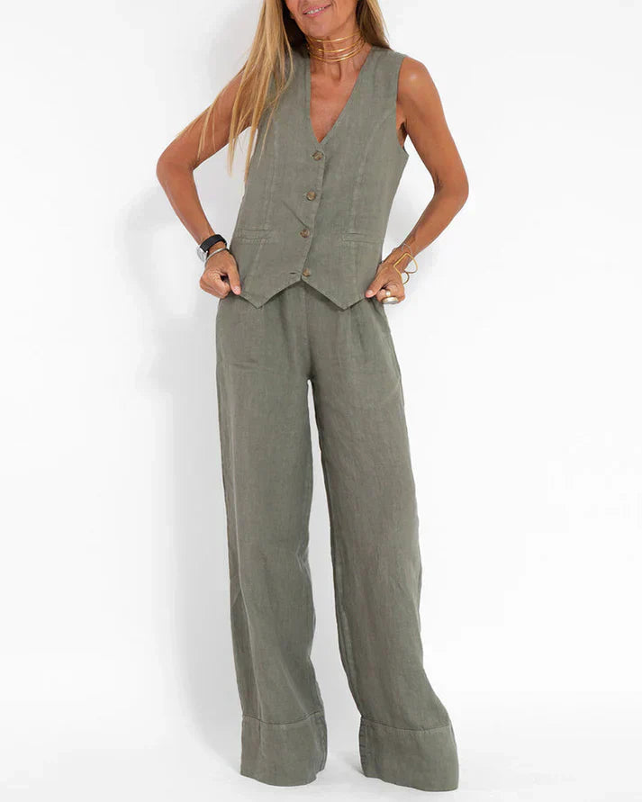Valenzora | Elegant 2-piece set consisting of wide linen trousers and vest