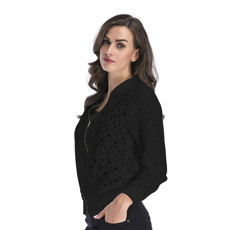 Women's airy blouson jacket with stylish openwork pattern, size