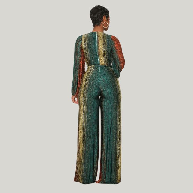 Valenzora | Metallic pleated jumpsuit with wide leg and belt