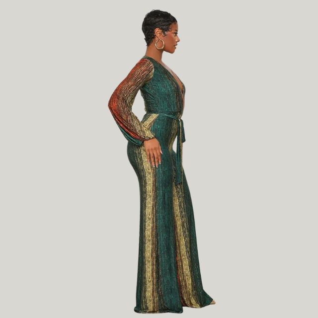 Valenzora | Metallic pleated jumpsuit with wide leg and belt
