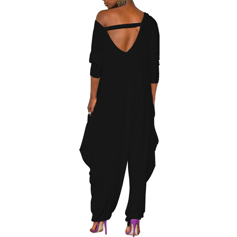 Damen Oversized-Jumpsuit mit tiefem V-Ausschnitt und lockerer Passform, Größe [size]