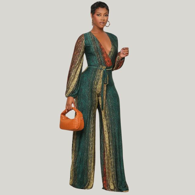 Valenzora | Metallic pleated jumpsuit with wide leg and belt