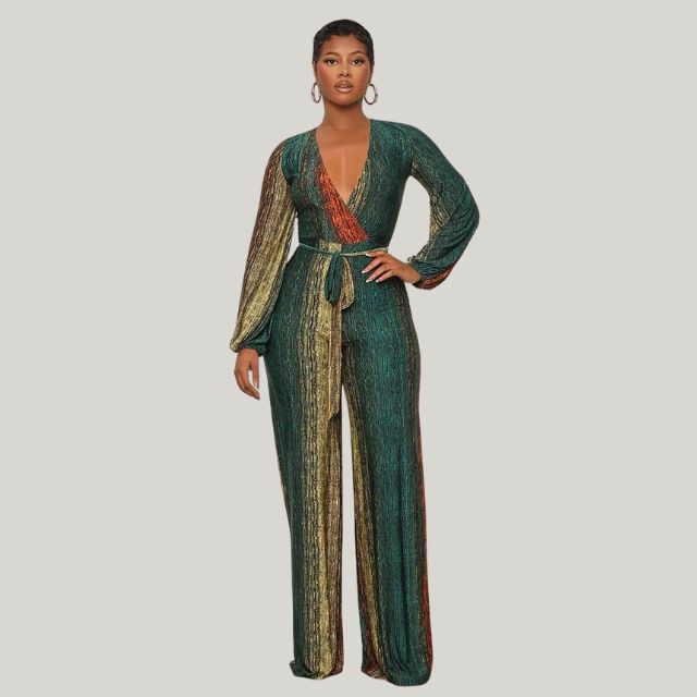 Valenzora | Metallic pleated jumpsuit with wide leg and belt
