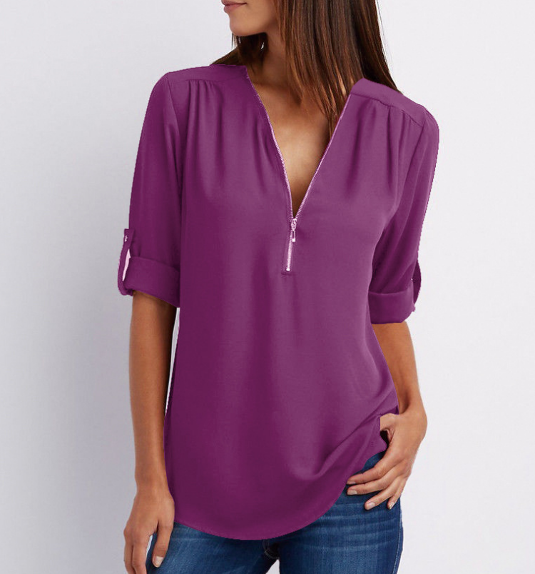 Valenzora Short-sleeved shirt with zipper and V-neck - Loose tops