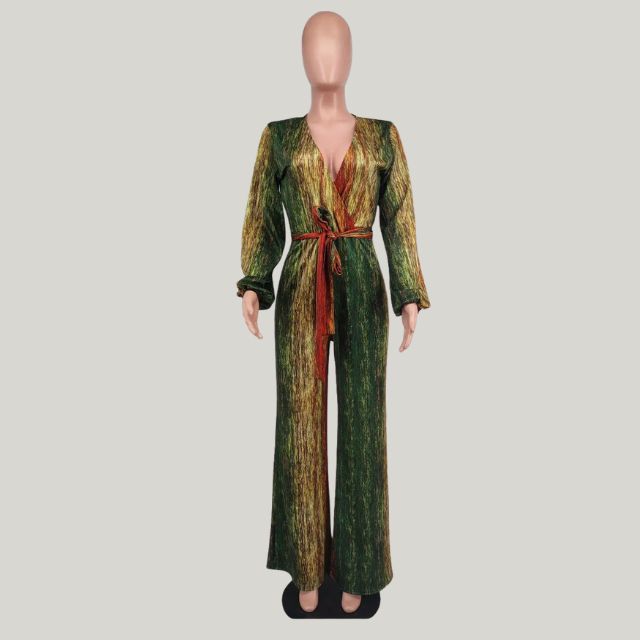Valenzora | Metallic pleated jumpsuit with wide leg and belt